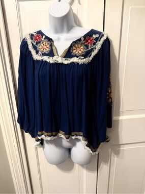Banjara Boho Embroidered Navy Peasant Top
